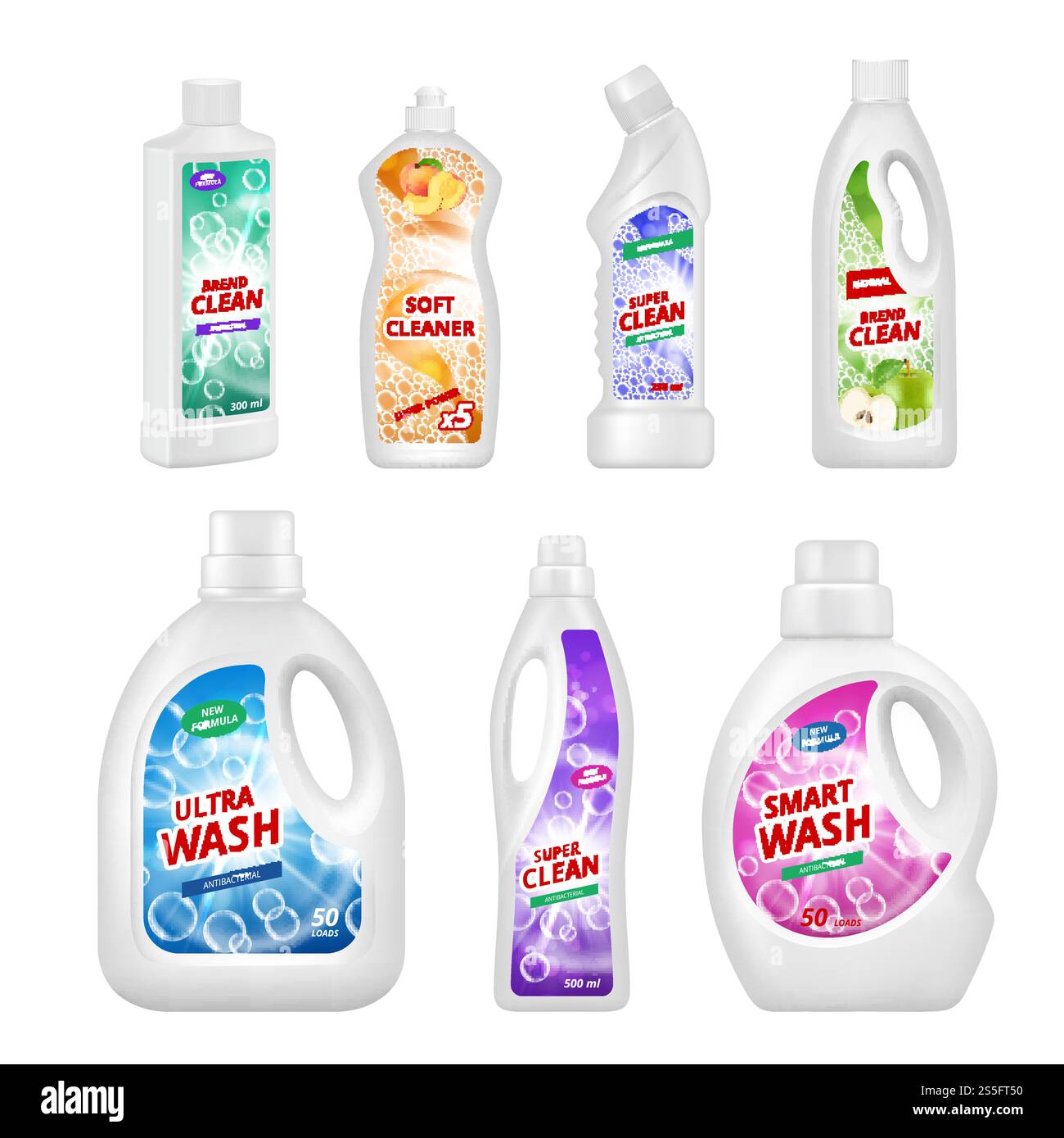 ETIQUETTES pour bouteilles de produits chimiques. Illustrations réalistes de bouteilles en plastique pour divers liquides chimiques. Désinfectant et produit sanitaire, produit chimique en bouteille. ETIQUETTES pour bouteilles de produits chimiques. Illustrations réalistes de bouteilles en plastique pour divers liquides chimiques Illustration de Vecteur