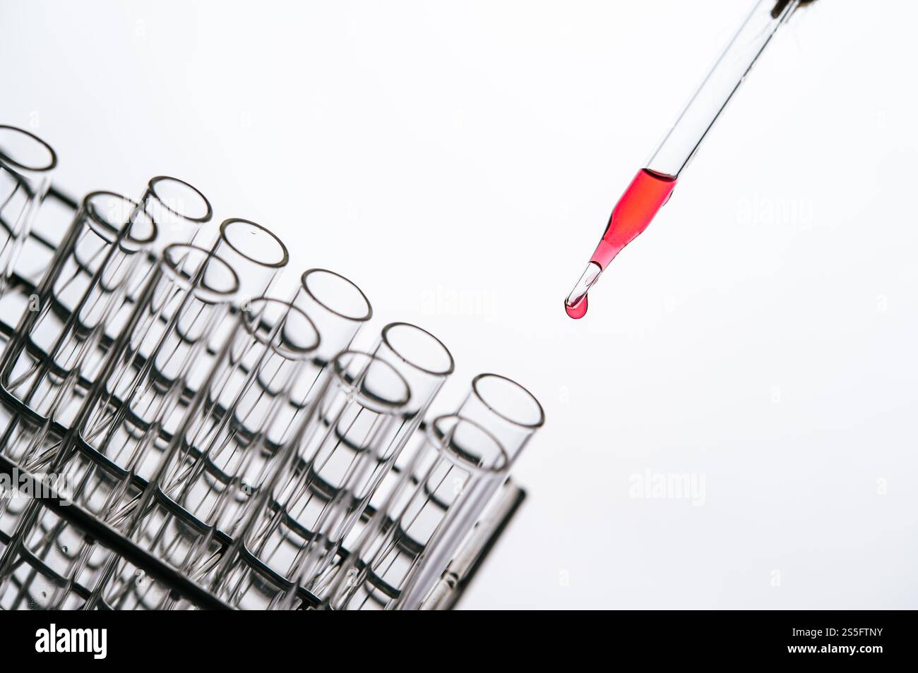 Déposez les produits chimiques rouges dans le bécher. Banque D'Images