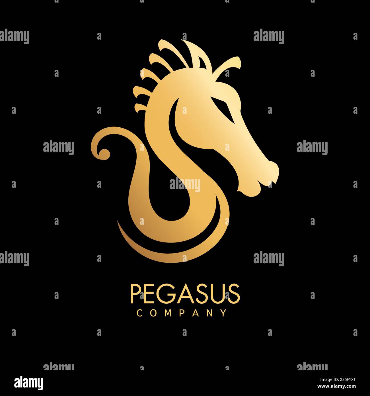 Pegasus société logotype de l'agence icône isolé logo vecteur créature mythologique ressemblant à l'art fantastique de cheval avec le texte du nom de l'agence et le symbole équin signe médiéval personnage dessin d'or.. Logo de la société Pegasus du logo de l'icône isolée de l'agence Illustration de Vecteur