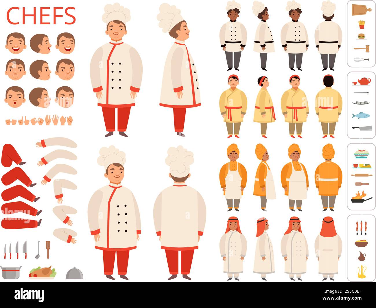 Cuisinier national. Asiatique noir arabe du corps du chef indien parties diverses poses et éléments de cuisine constructeur de vecteur. Chef cuisinier traditionnel, illustration de cuisinière nationale. Cuisinier national. Asiatique noir arabe du corps du chef indien parties diverses poses et éléments de cuisine constructeur de vecteur Illustration de Vecteur