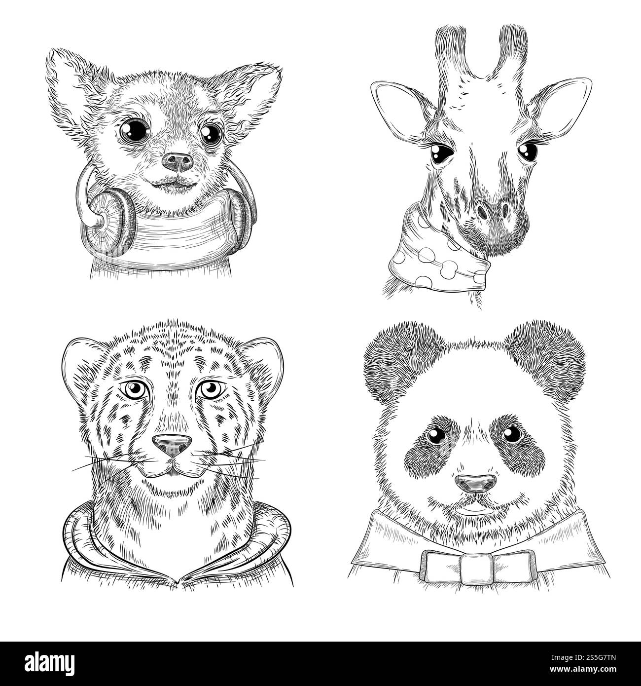 Animaux de mode. Porterts hipster dessinés à la main dans diverses images drôles d'animaux vectoriels de vêtements pour adultes. Hipster animal panda et girafe, lynx et illustration de chien. Animaux de mode. Porterts hipster dessinés à la main dans diverses images drôles d'animaux vectoriels de vêtements pour adultes Illustration de Vecteur