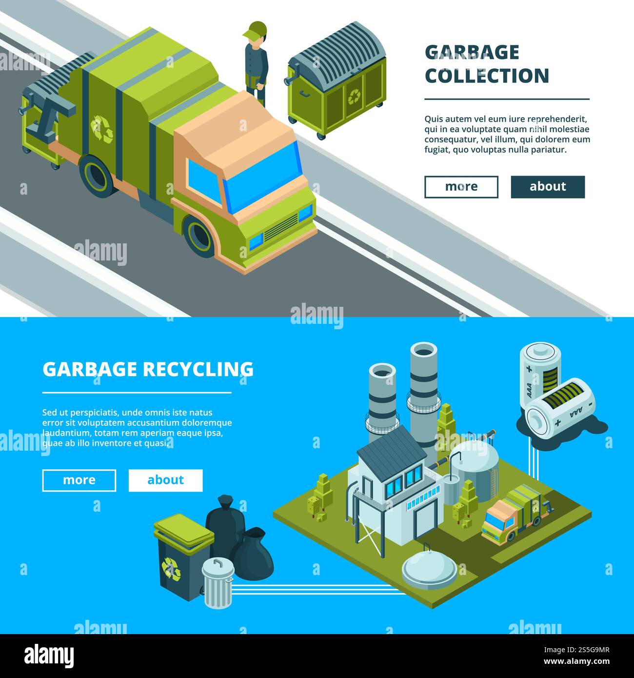 Nettoyage des bannières de recyclage des déchets. Tri des ordures et nettoyage des images de concept de vecteur de camion d'incinérateur de déchets d'environnement urbain. Ordures isométriques, illustration du recyclage du transport des déchets. Nettoyage des bannières de recyclage des déchets. Tri des ordures et nettoyage des images de concept de vecteur de camion d'incinérateur de déchets d'environnement urbain Illustration de Vecteur