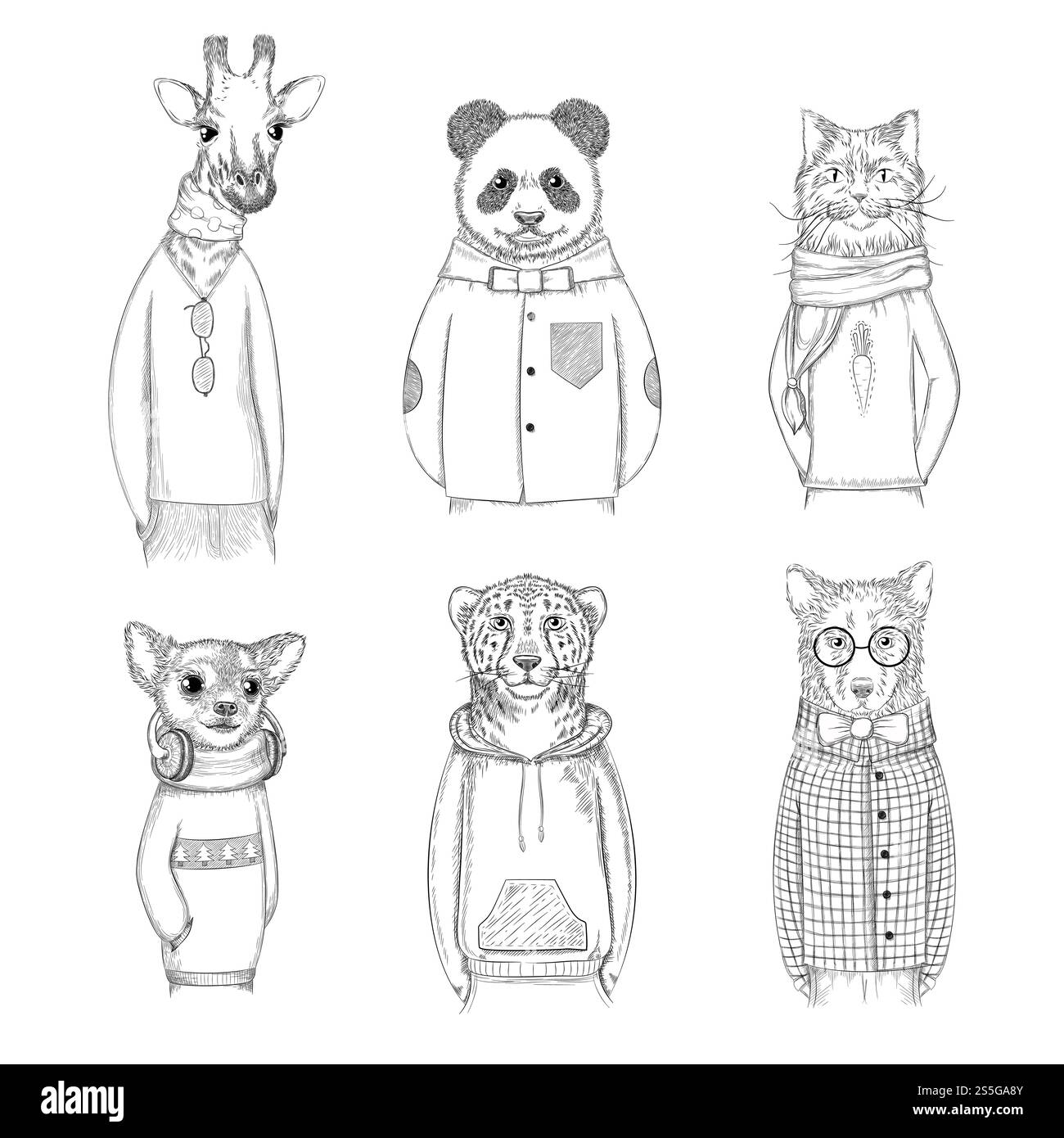 Personnages d'animaux de mode. Hipster images dessinées à la main animaux dans diverses images vectorielles de vêtements. Animal panda et girafe, ours croquis et guépard illustration. Personnages d'animaux de mode. Hipster images dessinées à la main animaux dans diverses images vectorielles de vêtements Illustration de Vecteur