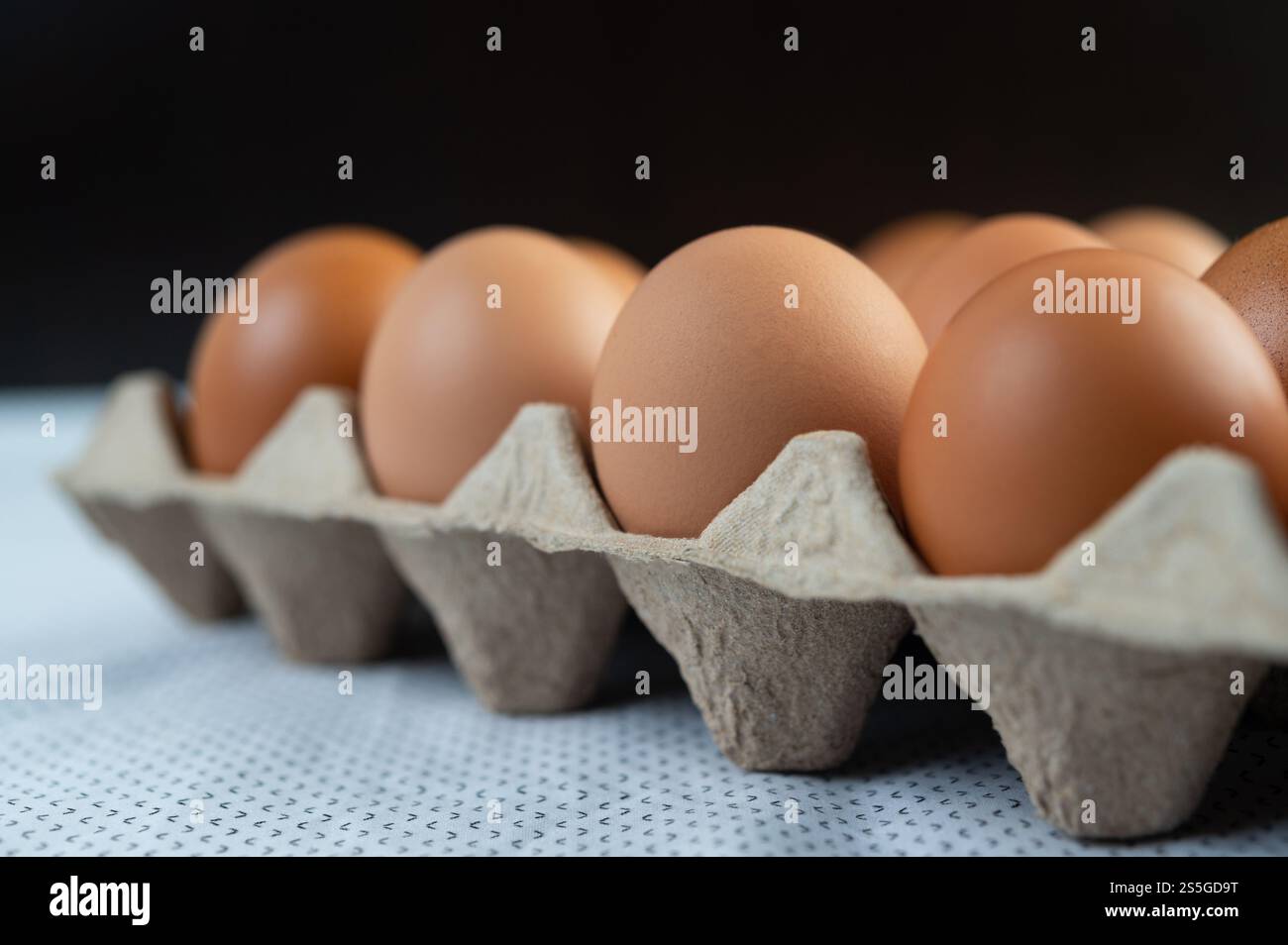 Œufs de poulet placés sur un plateau à œufs gros plan. Banque D'Images