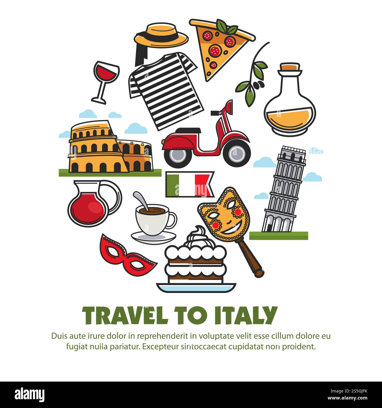 Sites touristiques de l'Italie et affiche des attractions touristiques célèbres. Symboles vectoriels du drapeau italien, cathédrale de Rome et tour de Pise ou Colisée, masque de carnaval vénitien, pizza et pâtes ou café et vigne. Sites touristiques de l'Italie et affiche des attractions touristiques célèbres. Illustration de Vecteur