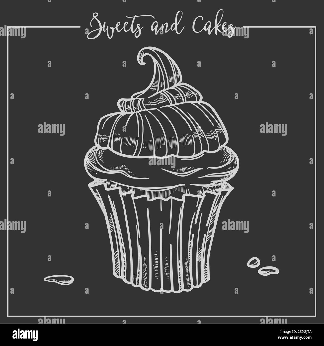 Bonbons et gâteaux cupcake avec dessus crémeux et déposer partout vecteur icône de boulangerie monochrome esquisse contour ingrédients sucrés de glaçage savoureux sur l'art culinaire de produit cuit dans le cadre dessin silhouette. Bonbons et gâteaux cupcake avec top crémeux et goutte Illustration de Vecteur