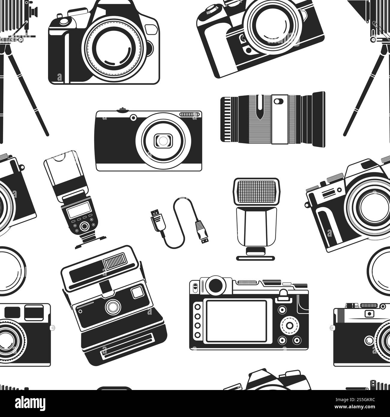 Photographie d'appareil photo, équipement portable d'appareil de style ancien pour les photographes vecteur de motif sans couture. Icônes monochromes de l'objectif optique et des objectifs pour faire une bonne photo. Photographie art et. Photographie d'appareil photo, équipement portable d'appareil de style ancien pour les photographes vecteur de motif sans couture. Illustration de Vecteur
