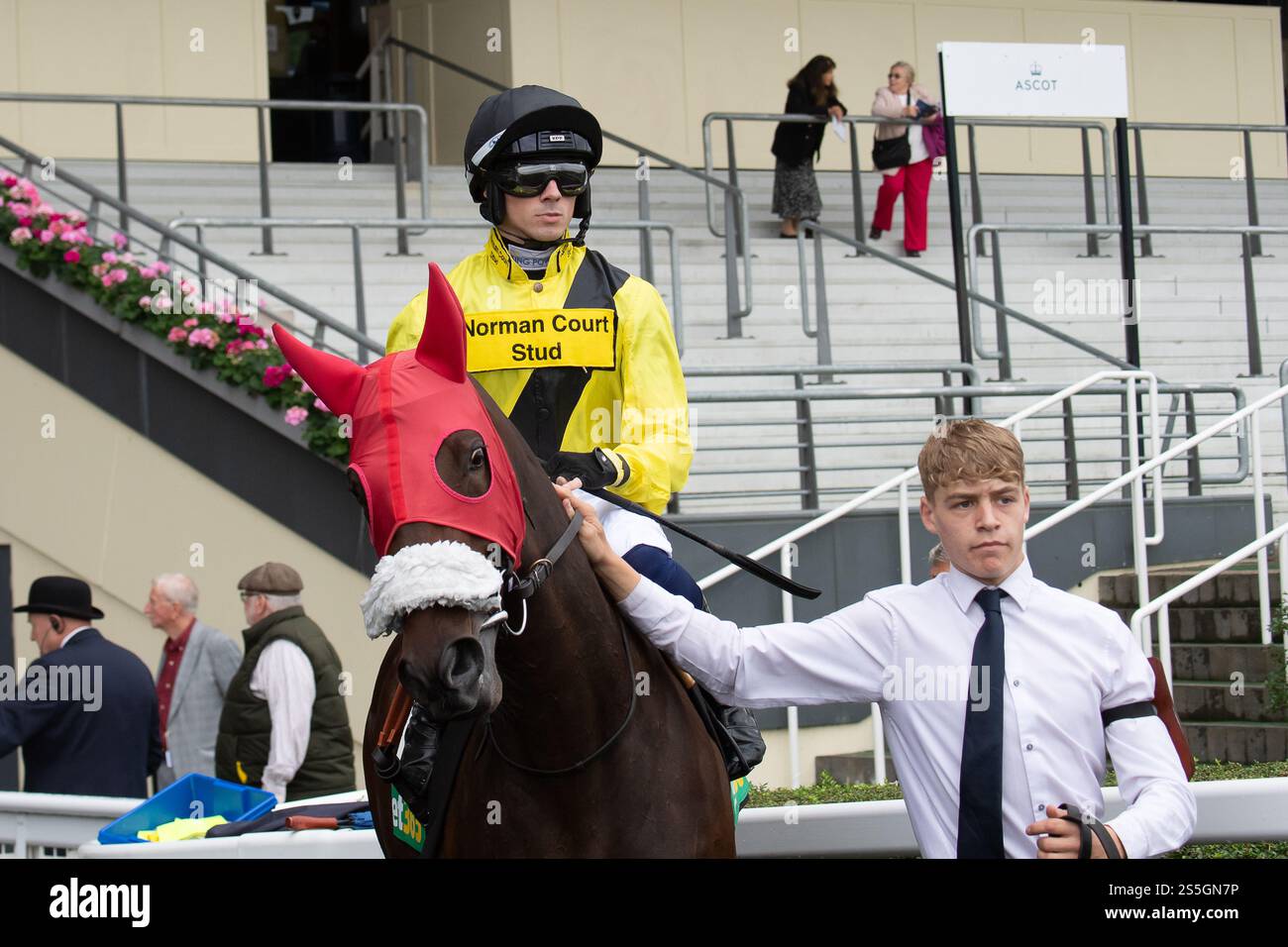 Ascot, Berkshire, Royaume-Uni. 7 septembre 2024. MANQUENT D'INFORMATIONS monté par le jockey Callum Hutchinson se rend sur le circuit pour les bet365 handicap Stakes le deuxième jour du Big Food and Drink Festival à l'hippodrome d'Ascot dans le Berkshire. Crédit : Maureen McLean/Alamy Banque D'Images