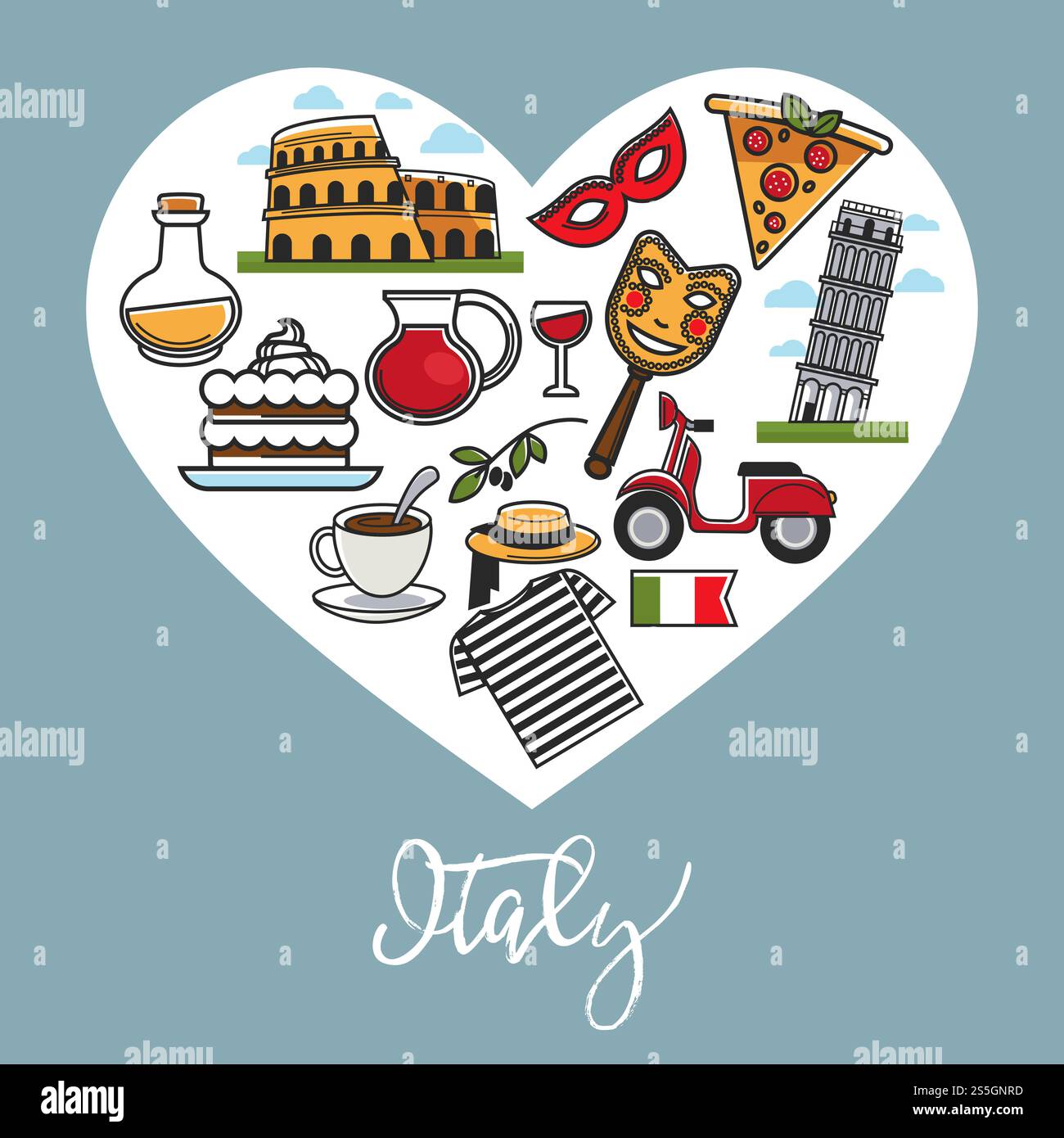 Affiche promo Italie avec des symboles nationaux en forme de coeur. Célèbre tour de Pise et colisée romain, délicieux desserts, pizza chaude, vin rouge, café parfumé et illustrations vectorielles de vêtements traditionnels. Affiche promo Italie avec des symboles nationaux en forme de coeur. Illustration de Vecteur