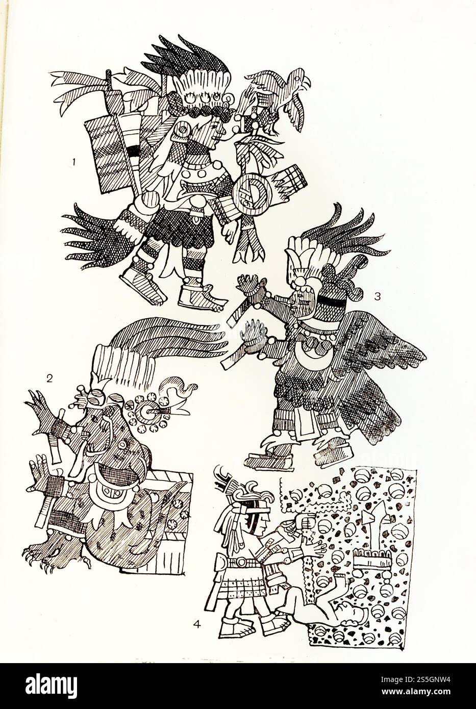 La légende de 1924 est la suivante : « le Texcatlipoca rouge (Codex Vaticanus A) ; 2. Texcatlipoca comme jaguar violet avec marques bleues et griffes d'aigles (Codex Vaticanus A) ; 3. Texcatlipoca comme Dieu oiseau violet (Codex Vaticanus A) ; 4. Formes bandées de Texcatlipoca (Codex Vaticanus B). Le Codex Vaticanus, manuscrit du IVe siècle de la Septante et du Nouveau Testament, est, avec le Codex Sinaiticus, l'un des deux manuscrits existants du IVe siècle de l'ancien et du Nouveau Testament en grec, la langue utilisée par les premiers chrétiens. Il a été écrit sur des feuilles de parchemin dans un format à trois colonnes, sans baguette Banque D'Images