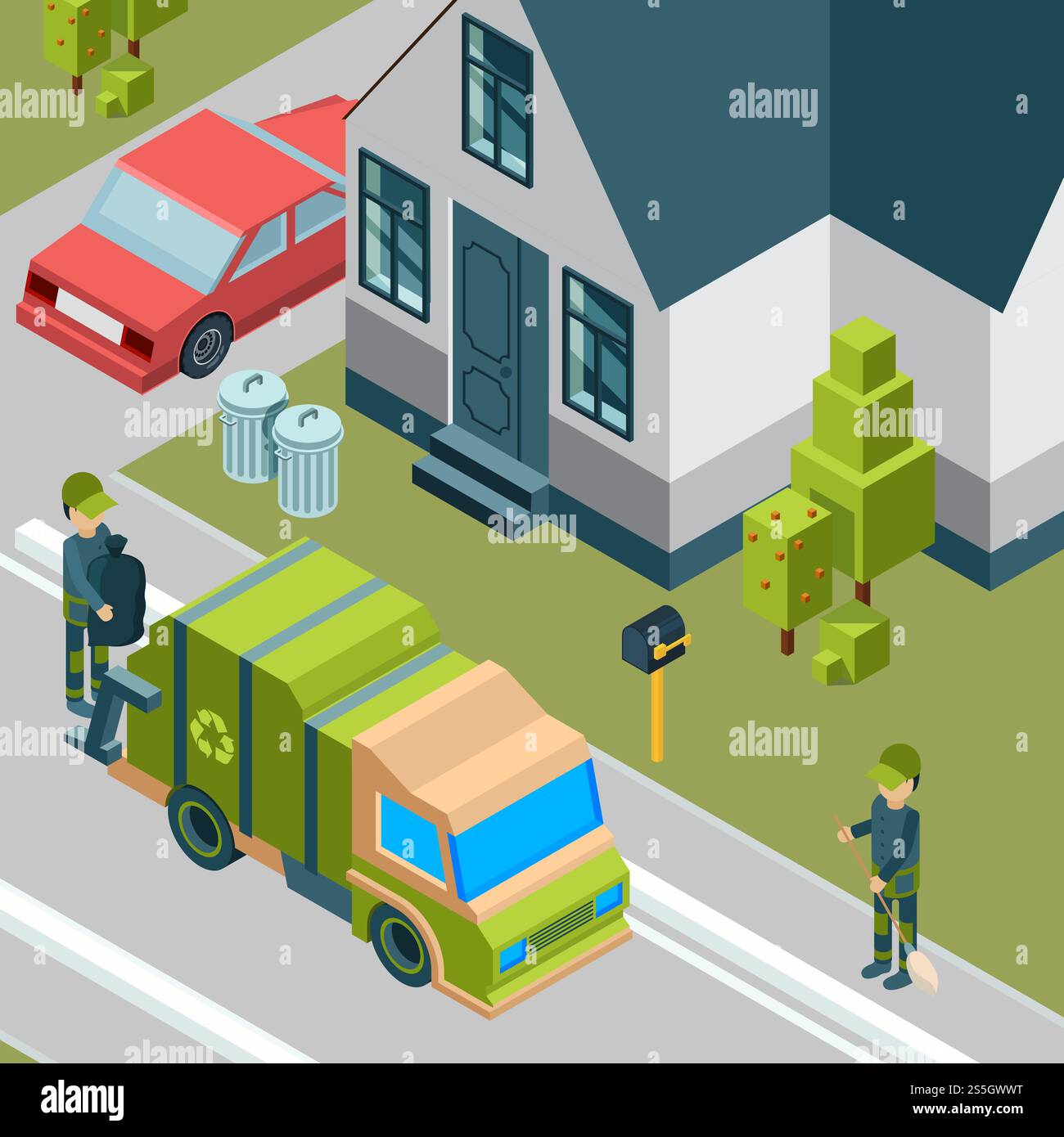 Camion à ordures. Service de nettoyage enlevant les ordures du fond isométrique de vecteur de concept de recyclage de déchets de rue de ville. Illustration de camion à ordures, enlèvement des ordures transport urbain. Camion à ordures. Service de nettoyage enlevant les ordures du fond isométrique de vecteur de concept de recyclage de déchets de rue de ville Illustration de Vecteur