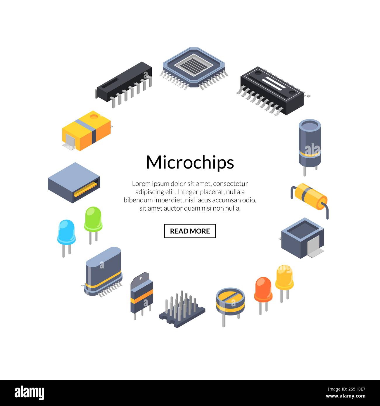 Puces isométriques vectorielles et icônes de pièces électroniques en forme de cercle avec place pour l'illustration de texte. Micropuces isométriques vectorielles et icônes de pièces électroniques Illustration de Vecteur