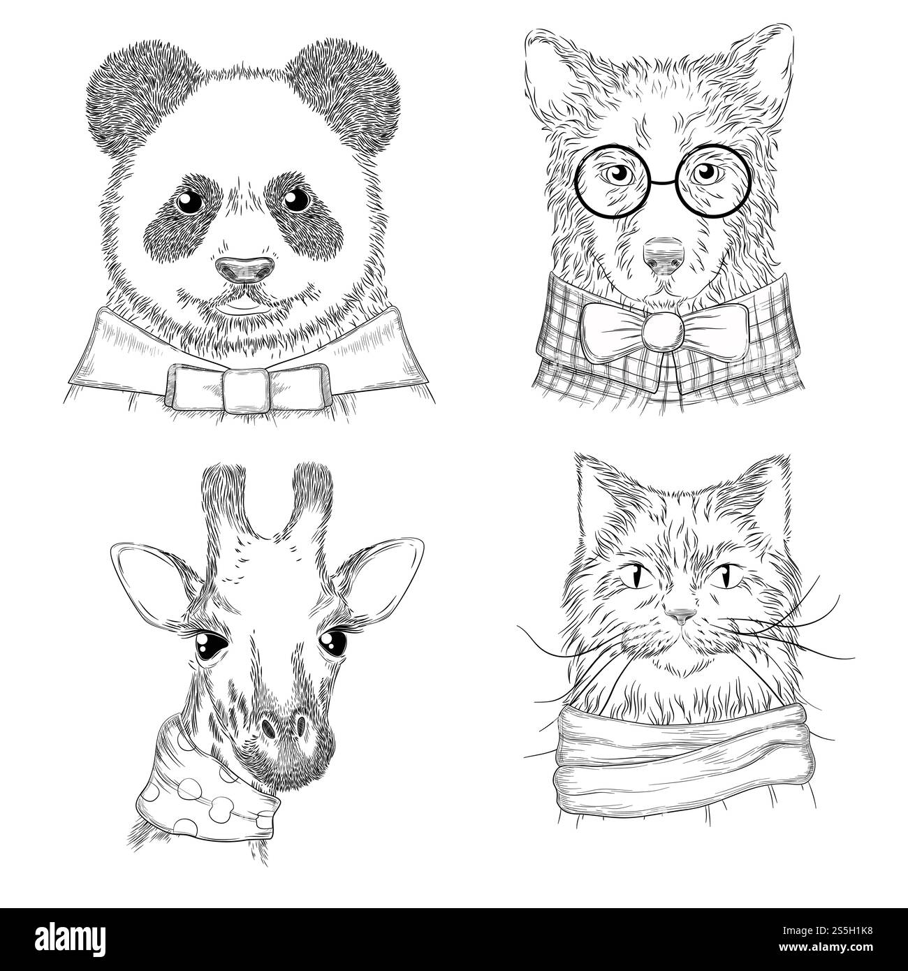 Les hipster. Illustrations adultes de la mode animaux sauvages dans divers croquis dessinés à la main de vecteur de vêtements. Animal hipster panda sauvage et chat, ours et girafe. Les hipster. Illustrations adultes de la mode animaux sauvages dans divers croquis dessinés à la main de vecteur de vêtements Illustration de Vecteur