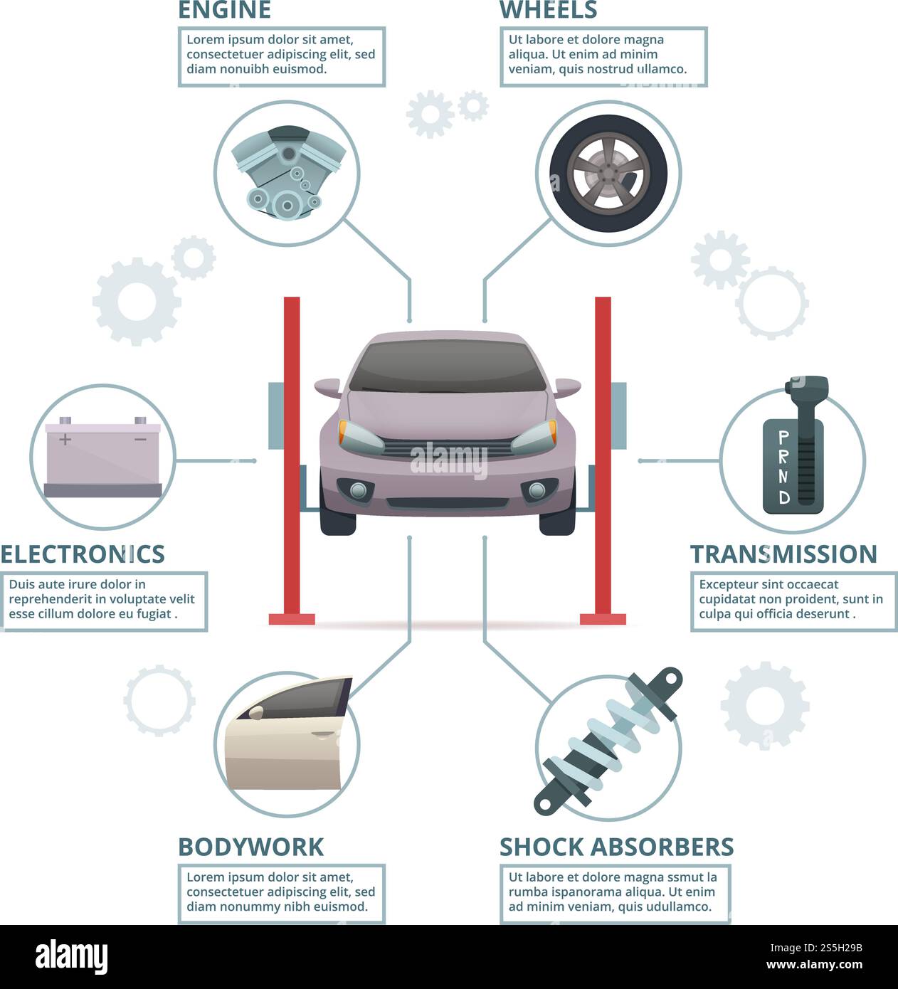 Infographie sur la réparation automobile. Pièces de l'industrie automobile roues de transmission de réglage d'automobile amortisseurs de moteur. Images de technicien vectoriel. Illustration du service de réglage automatique de la transmission, moteur automobile. Infographie sur la réparation automobile. Pièces de l'industrie automobile roues de transmission de réglage d'automobile amortisseurs de moteur. Images de technicien vectoriel Illustration de Vecteur