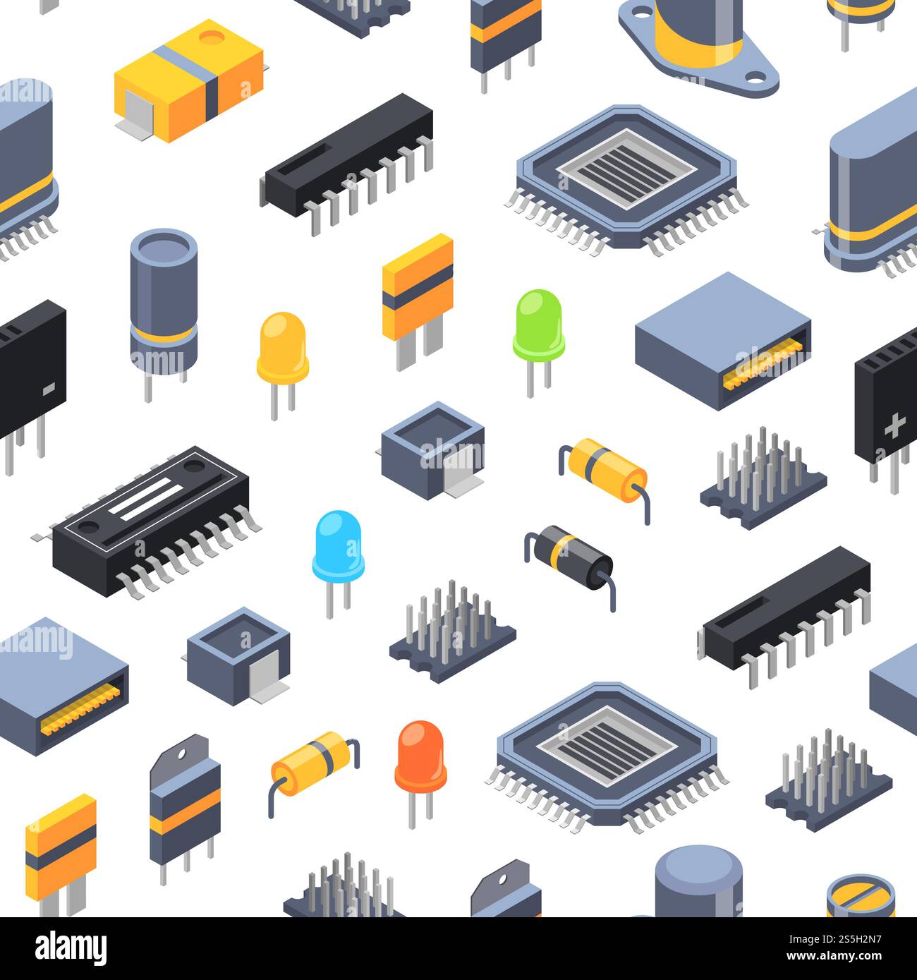 Micropuces colorées isométriques vectorielles et icônes de pièces électroniques motif transparent ou illustration de fond. Micropuces isométriques vectorielles et icônes de pièces électroniques modèle ou illustration de fond Illustration de Vecteur