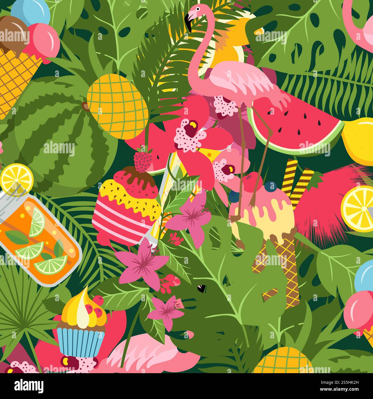 Vecteur plat mignon éléments d'été, cocktails, flamant rose, fond de feuilles de palmier avec place pour l'illustration de texte. Vecteur plat mignon éléments d'été, cocktails, flamant rose Illustration de Vecteur