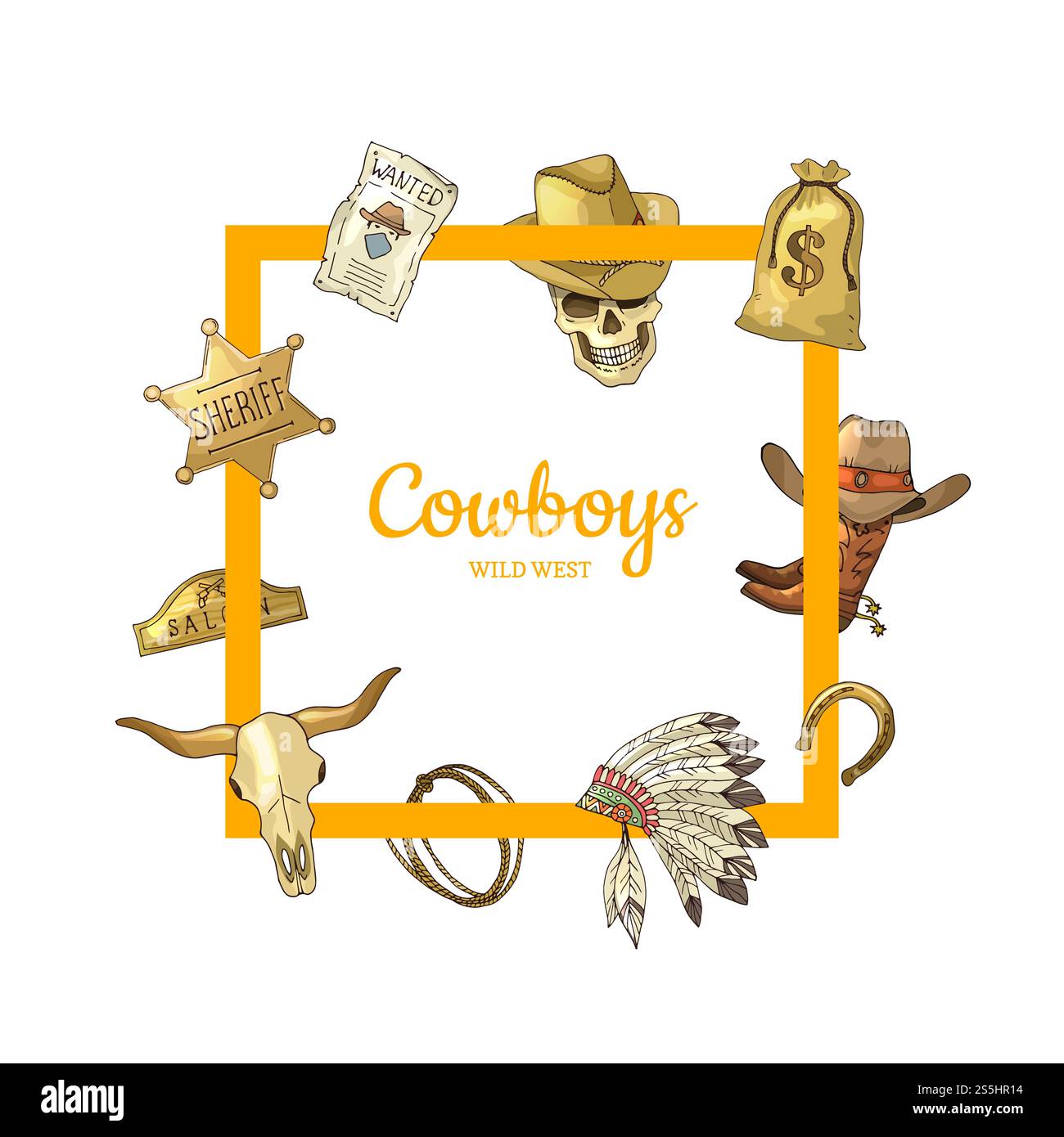 Vecteur dessiné à la main des éléments de cow-boy sauvage de l'ouest volant autour du cadre avec place pour l'illustration de texte. Vecteur dessiné à la main Wild West Cowboy éléments cadre Illustration de Vecteur