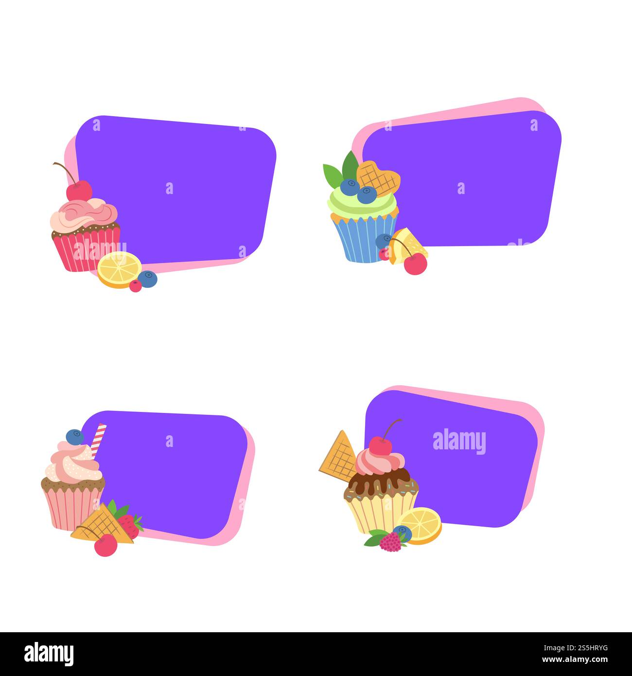 Vectoriel mignon muffins de bande dessinée ou autocollants cupcakes avec place pour l'illustration de l'ensemble de texte. Vectoriel mignon muffins de bande dessinée ou autocollants cupcakes Illustration de Vecteur
