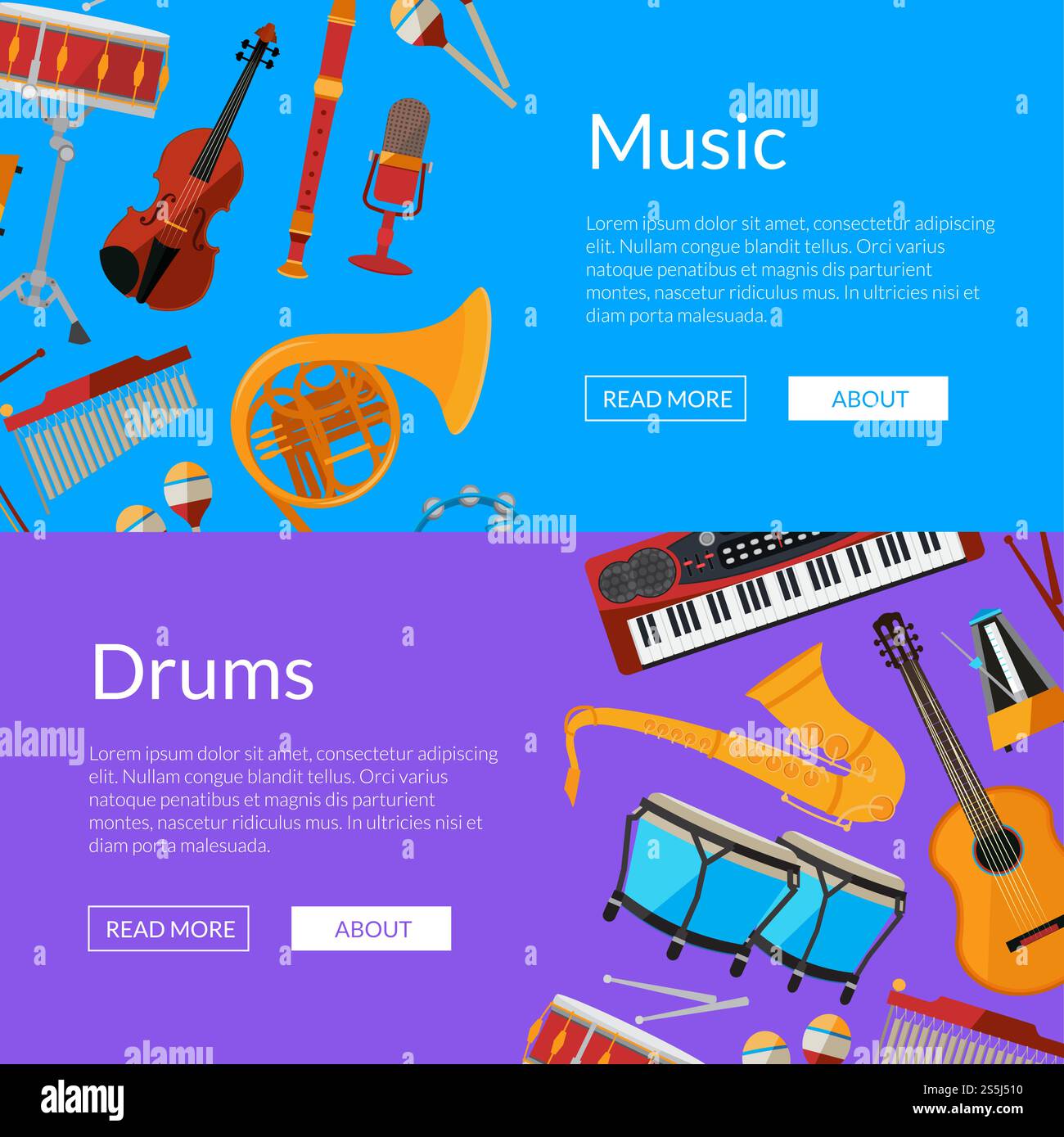 Illustration de modèles de bannière Web d'instruments de musique de dessin animé vectoriel. Son d'affiche musicale. Illustration de bannière web d'instruments de musique de dessin animé vectoriel Illustration de Vecteur