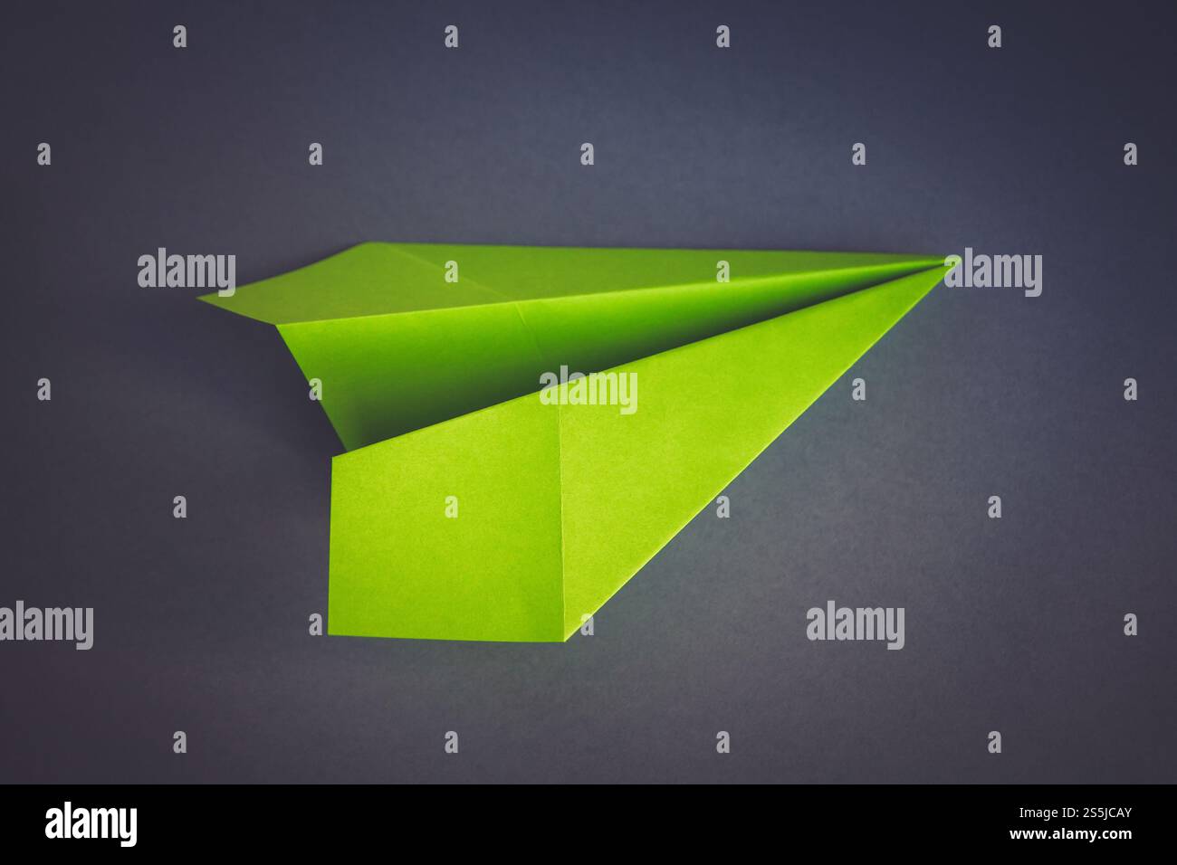 Origami plan en papier vert isolé sur un fond gris vierge. Origami plan en papier vert isolé sur un fond gris Banque D'Images