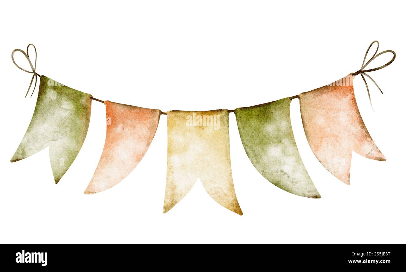 Drapeau guirlande suspendue à banderole. Illustration aquarelle de guirlande triangulaire dans les couleurs vert et orange. Dessin de fanions pour fête de douche de bébé Gree Banque D'Images