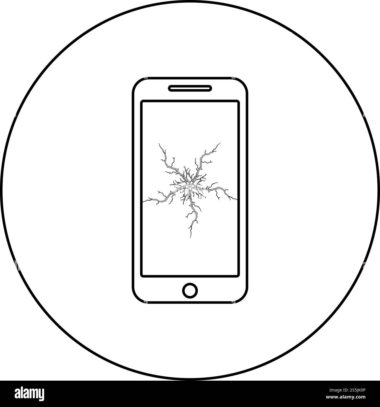 Smartphone avec icône d'écran tactile de crash dans le cercle contour rond noir illustration vectorielle de couleur noire style plat image simple. Smartphone avec icône d'écran tactile de crash dans le cercle contour rond noir illustration vectorielle de couleur noire image de style plat Illustration de Vecteur