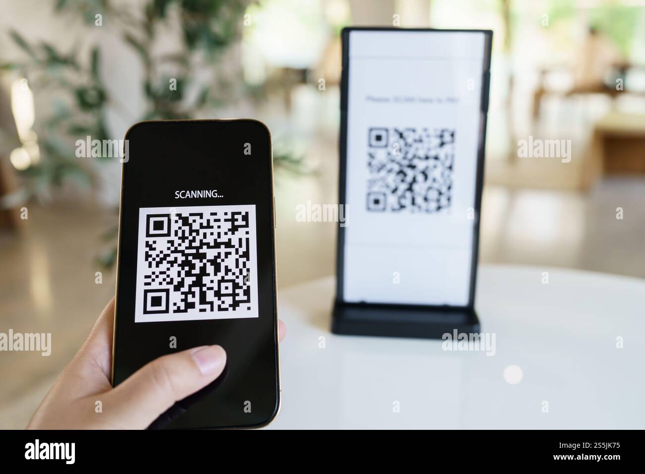 Paiement par code QR. E portefeuille. Man scan tag accepté générer paiement numérique sans argent.scan code QR en ligne shopping paiement sans espèces et Banque D'Images