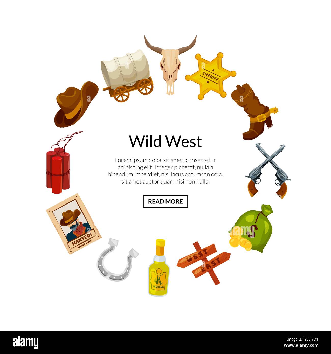 Éléments de dessin animé vectoriel Wild West en forme de cercle avec place pour l'illustration de texte. Éléments de dessin animé vectoriel Wild West en forme de cercle Illustration de Vecteur