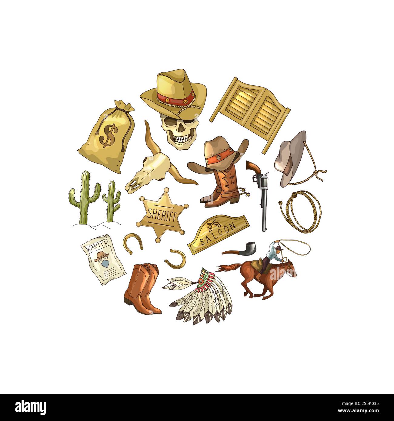 Vecteur dessiné à la main des éléments de cow-boy sauvage ouest en forme de cercle isolé sur l'illustration de fond blanc. Vecteur dessiné à la main des éléments de cow-boy sauvage ouest en forme de cercle illustration Illustration de Vecteur