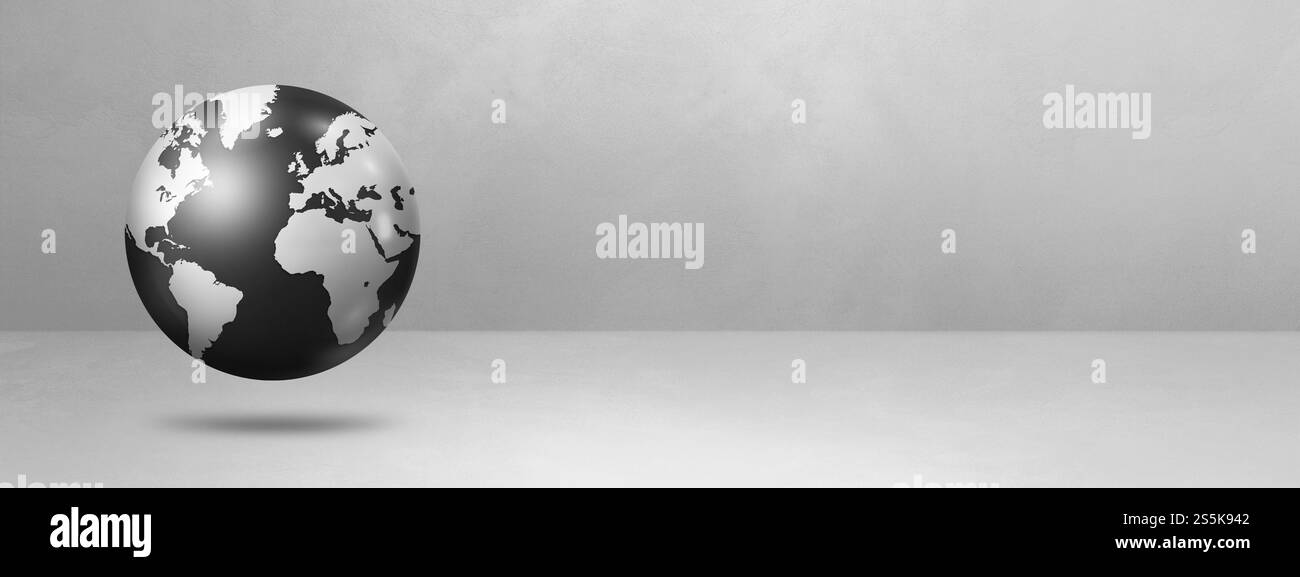 Globe du monde, carte de terre noire, flottant sur un fond blanc. Illustration isolée 3D. Modèle de bannière. Globe terrestre, carte de la terre noire, isolé Banque D'Images