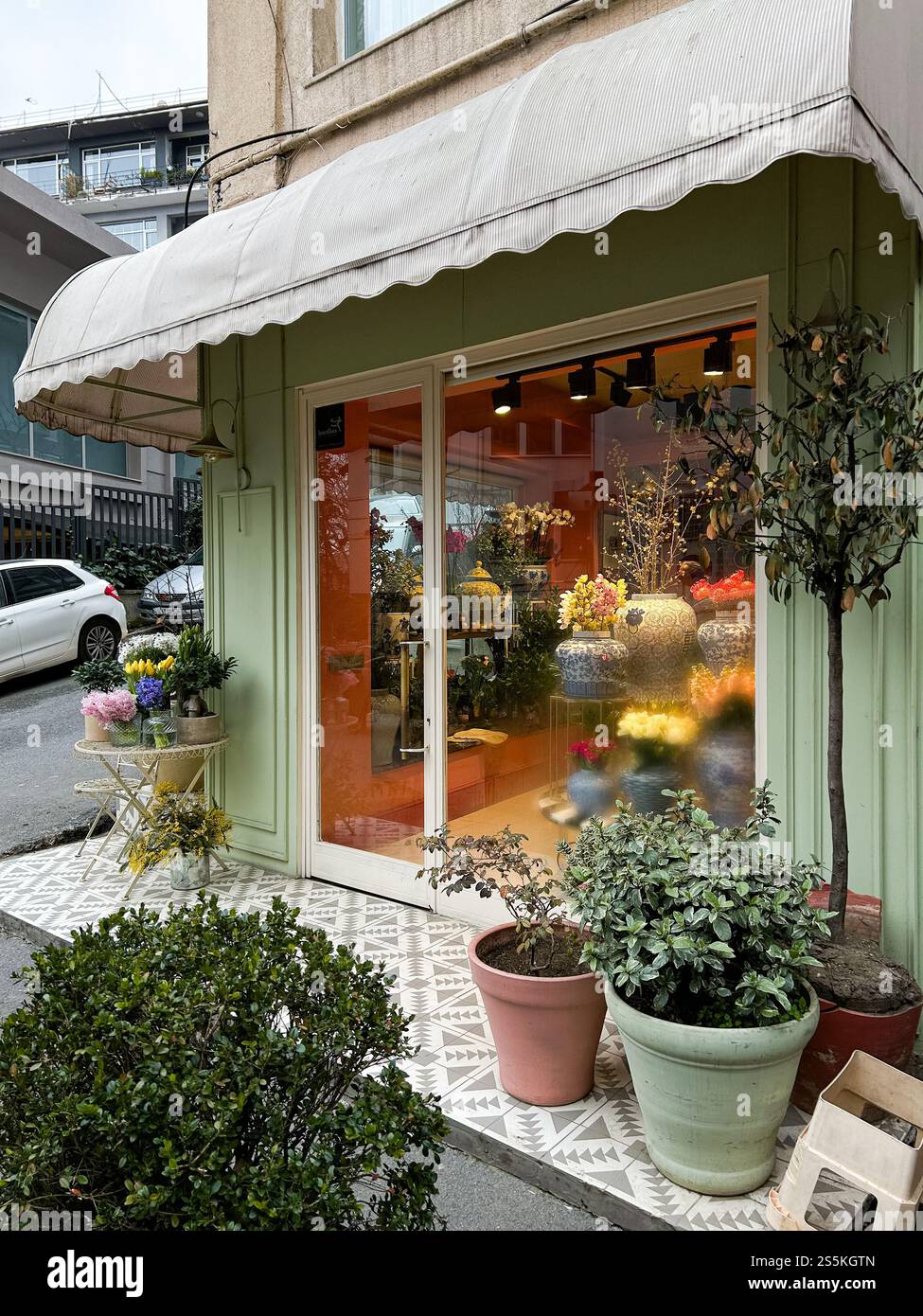 Cette photo capture magnifiquement l'atmosphère accueillante d'un fleuriste à Istanbul pendant la saison printanière. L'extérieur vert pastel et délicat Banque D'Images