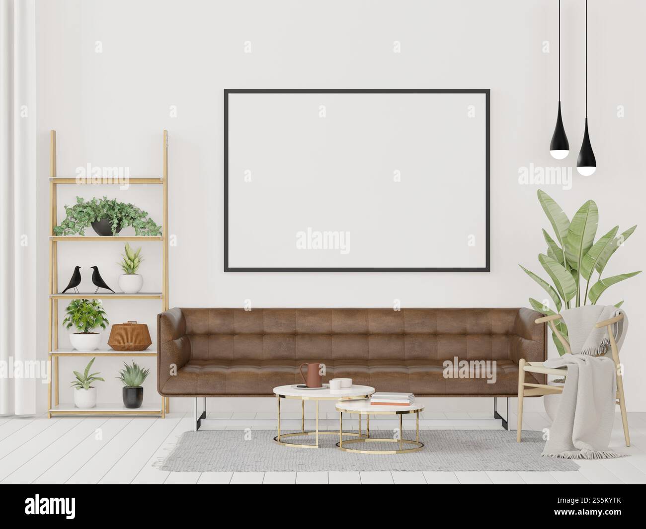 Illustration 3D intérieur avec coach en cuir et lampe de plafond, les cadres de maquette d'affiche horizontale vierge suspendus au-dessus d'un ensemble de canapé et des étagères de livres dans Banque D'Images