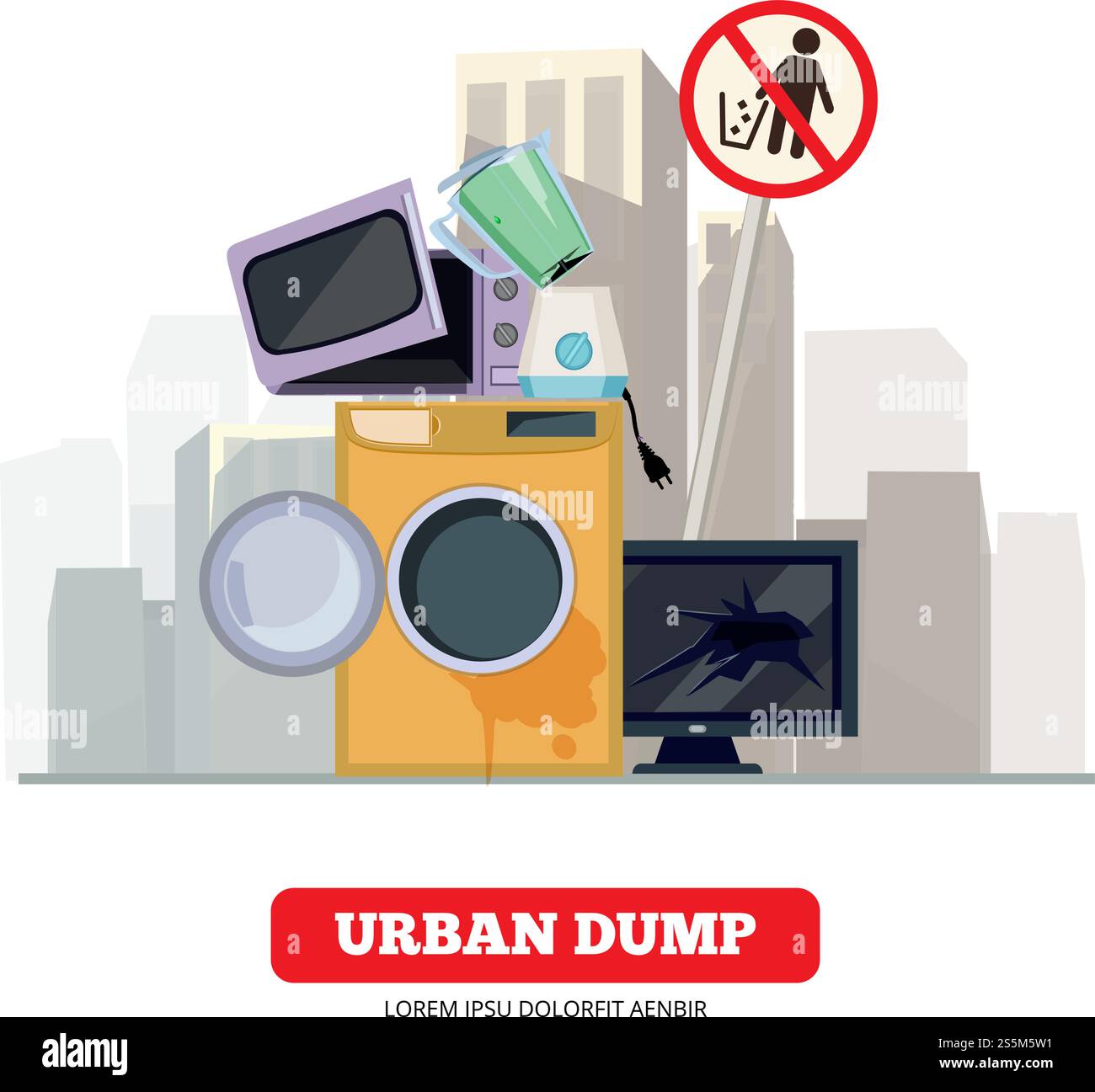 Décharge de ville. Ordures ménagères de cuisine cassée et concept vectoriel de processus de recyclage d'équipement électronique domestique. Ordures de ville, illustration de déchets électroniques cassés. Décharge de ville. Ordures ménagères de cuisine cassée et concept vectoriel de processus de recyclage d'équipement électronique domestique Illustration de Vecteur