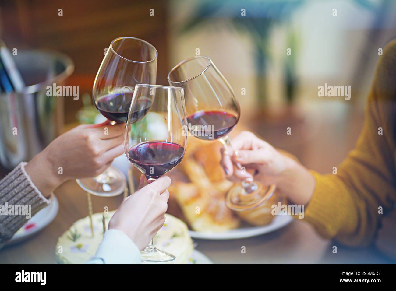 Amis joyeux appréciant la fête d'anniversaire à la maison. Amis asiatiques acclamant boire du vin rouge pour célébrer Noël ou la fête du nouvel an. Banque D'Images