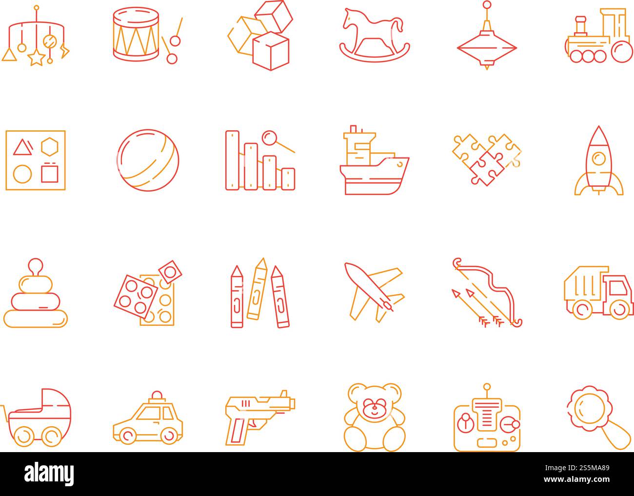 Icône jouets pour enfants. Blocs voitures en plastique et livres de soldats drôles de vecteurs de jeux minces images colorées de ligne. Illustration de jouet pour jeu, bateau et avion. Icône jouets pour enfants. Blocs voitures en plastique et livres de soldats drôles de vecteurs de jeux minces images colorées de ligne Illustration de Vecteur