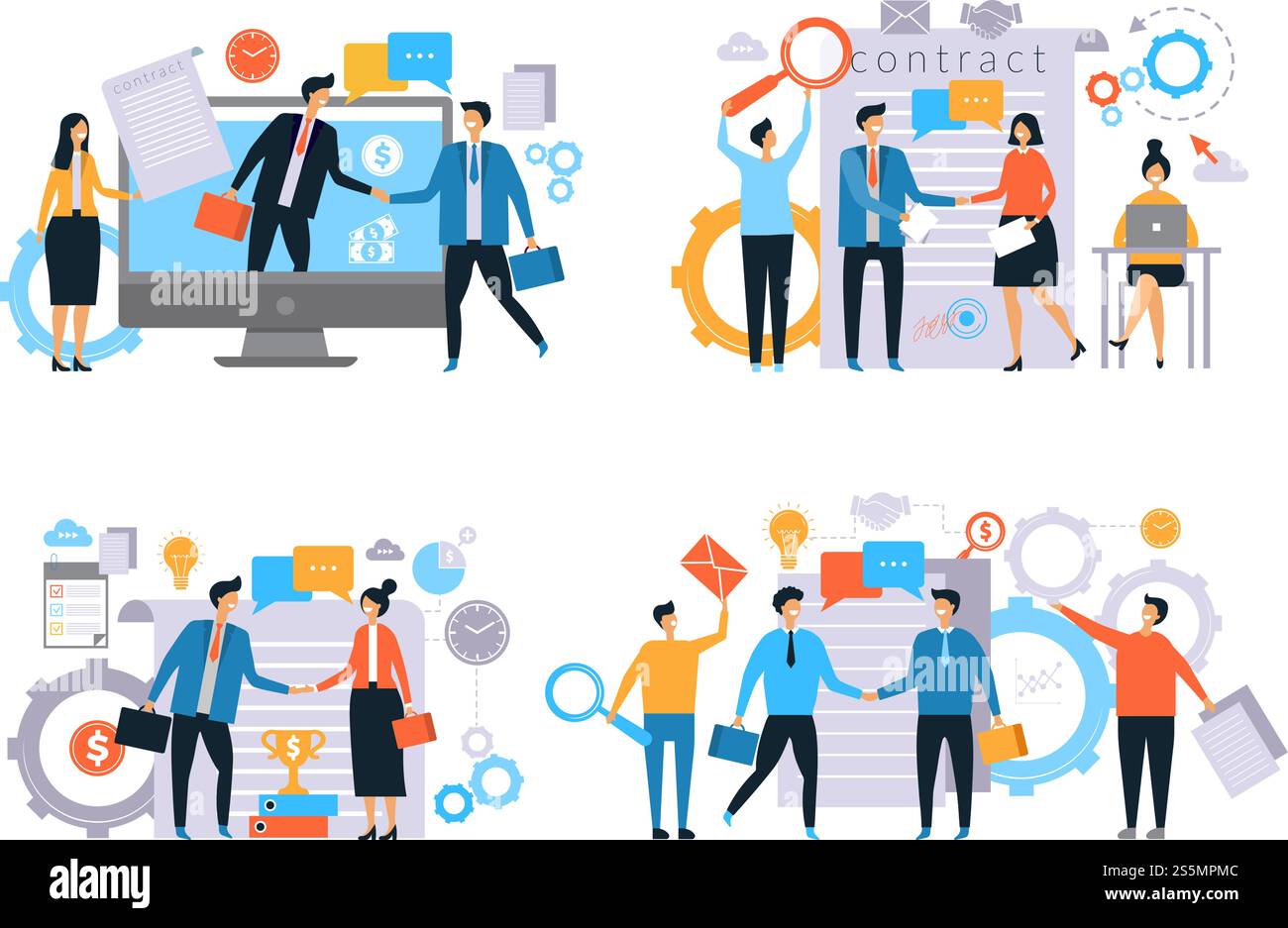 Relations d'affaires. Investisseurs poignée de main contrat de travail de transactions commerciales gestionnaires homme femme vecteur de travail plat. Illustration du succès de l'accord et du partenariat, accord de poignée de main. Relations d'affaires. Investisseurs poignée de main contrat de travail de transactions commerciales gestionnaires homme femme vecteur de travail plat Illustration de Vecteur