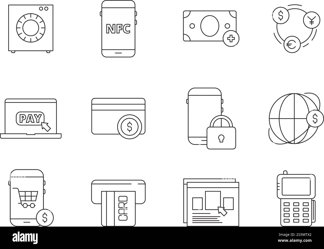 Icône de banque en ligne. Automatisation des services de paiement Internet par téléphone bancaire mobile paiement vecteur de ligne mince symboles. Illustration de banque de paiement, icône e-commerce finance. Icône de banque en ligne. Automatisation des services de paiement Internet par téléphone bancaire mobile paiement vecteur de ligne mince symboles Illustration de Vecteur