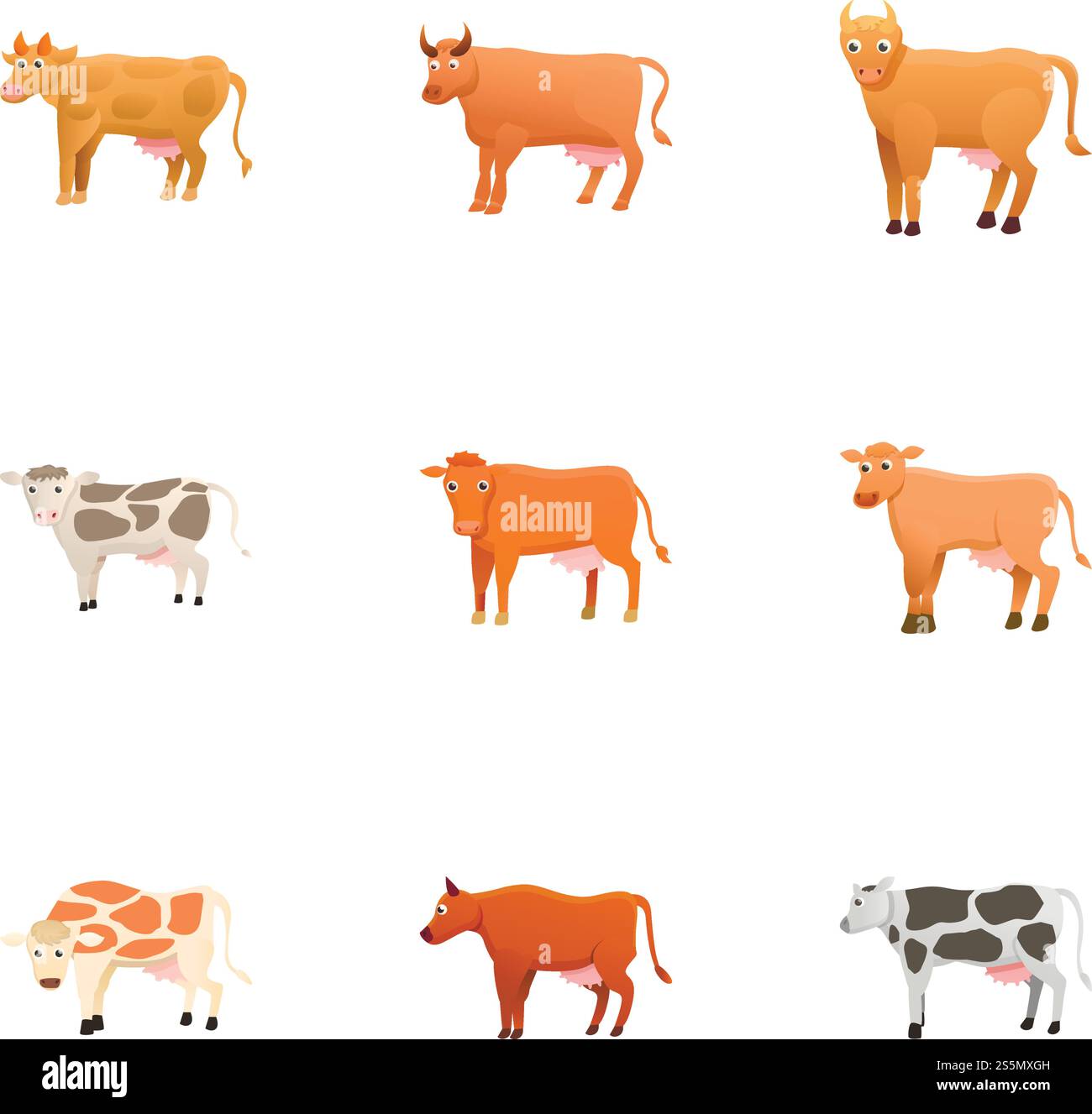 Jeu d'icônes animaux de vache de ferme. Ensemble de dessins animés de 9 icônes vectorielles d'animaux de vache de ferme pour la conception Web isolé sur fond blanc. Ensemble d'icônes d'animaux de vache de ferme, style de bande dessinée Illustration de Vecteur