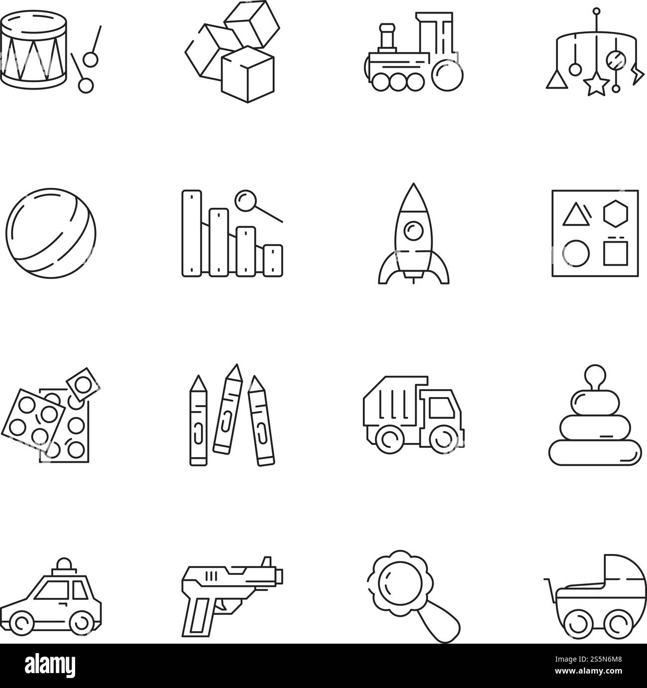 Icône jouets. Jeux les voitures portent le vecteur de hochet des articles drôles pour les enfants. Illustration de voiture et hochet, jouet de jeu et tambour. Icône jouets. Jeux les voitures portent le vecteur de hochet des articles drôles pour les enfants Illustration de Vecteur