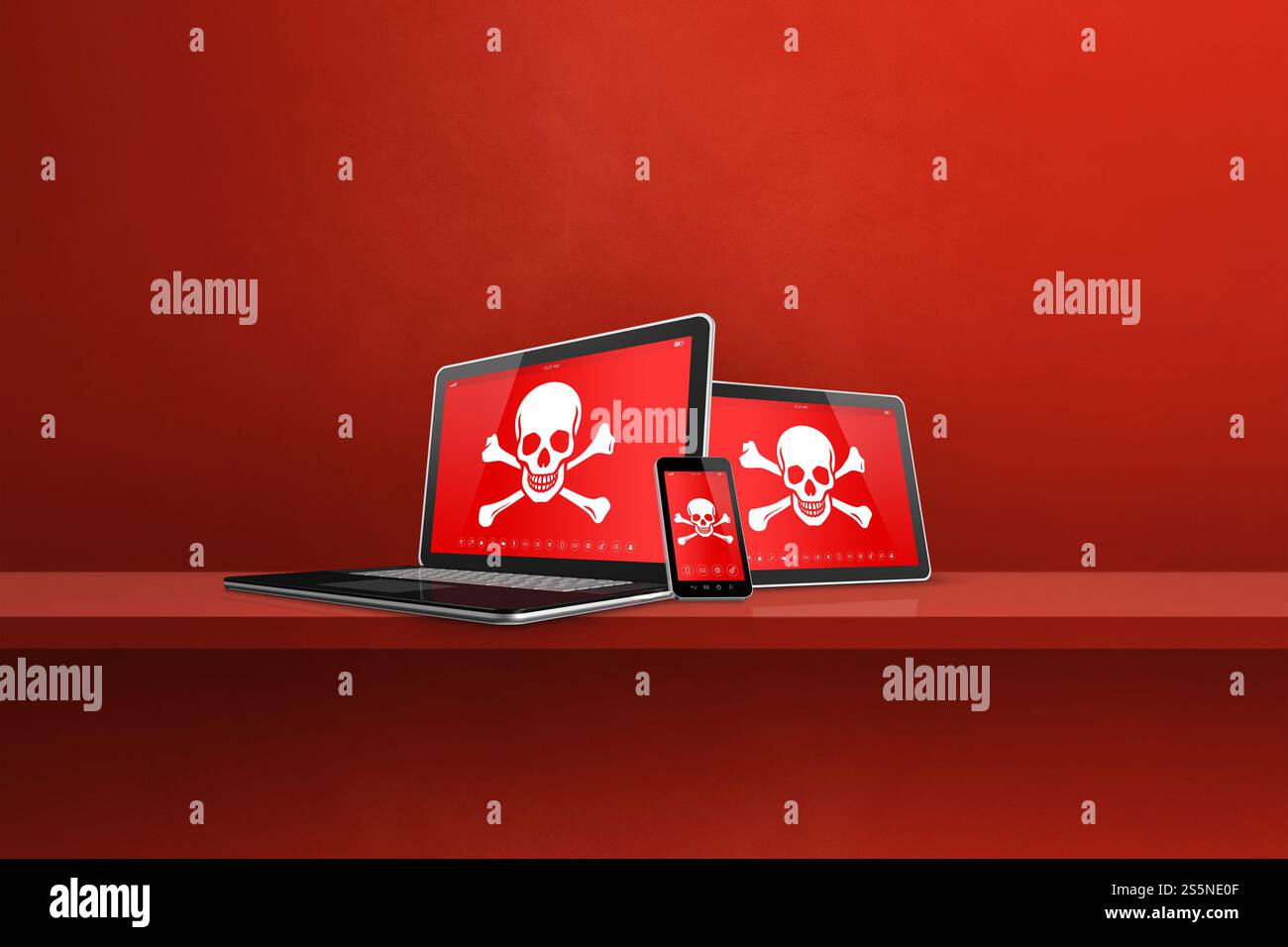 Ordinateur portable tablette pc et smartphone sur une étagère avec des symboles pirate à l'écran. Concept de piratage et de virus. Illustration 3D isolée sur fond rouge. Banque D'Images