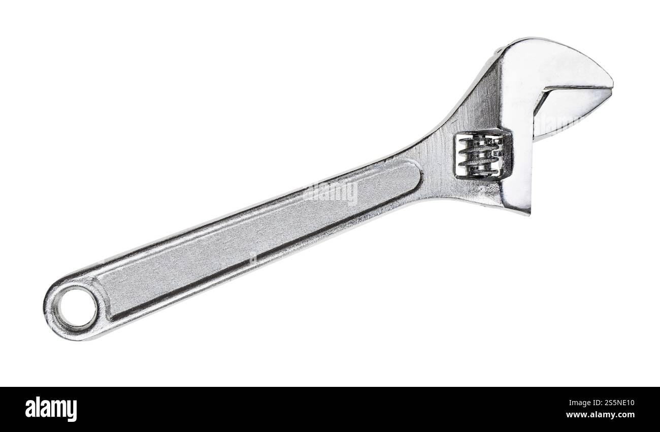 clé réglable en acier argenté isolée sur fond blanc Banque D'Images