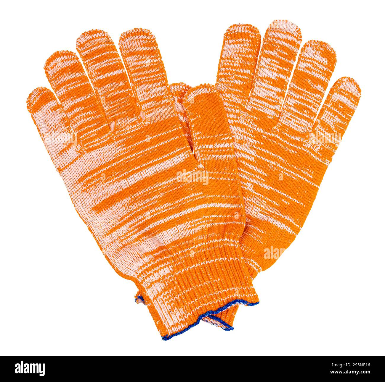 paire de nouveaux gants de travail en coton orange épais isolés sur fond blanc Banque D'Images