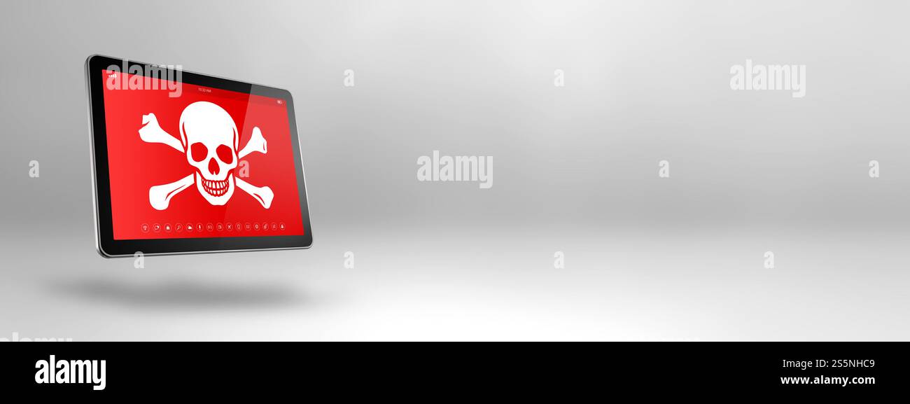 Tablet PC numérique avec un symbole de pirate à l'écran. Concept de piratage et de virus. Illustration 3D isolée sur fond blanc. Bannière horizontale. Numérique Banque D'Images