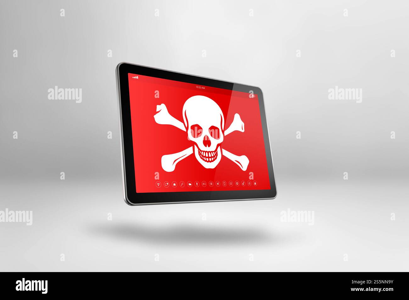 Tablet PC numérique avec un symbole de pirate à l'écran. Concept de piratage et de virus. Illustration 3D isolée sur fond blanc. Tablet PC numérique avec Banque D'Images