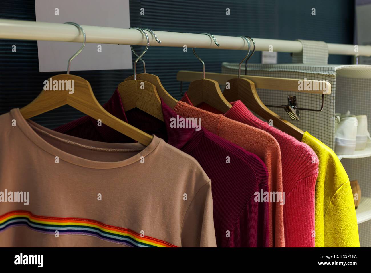 T-shirts multicolores suspendus sur un rack dans une armoire Banque D'Images T-shirts multicolores suspendus sur un rack dans une armoire Banque D'Images