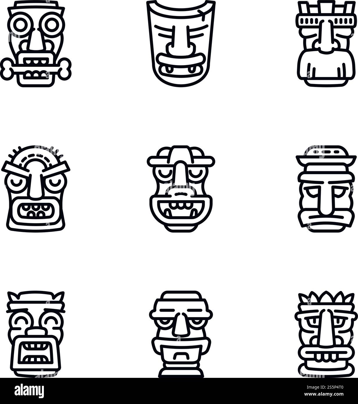 Jeu d'icônes d'idole Maya. Ensemble de contours de 9 icônes vectorielles maya idol pour la conception Web isolé sur fond blanc. Jeu d'icônes d'idole Maya, style de contour Illustration de Vecteur