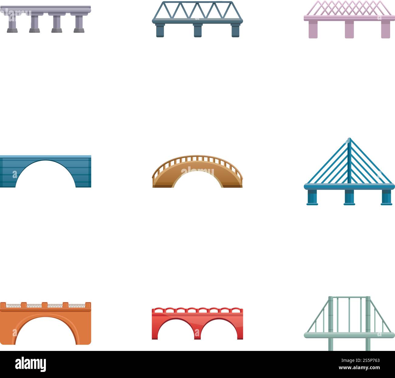 Jeu d'icônes de pont en métal. Ensemble de dessins animés de 9 icônes vectorielles de pont en métal pour la conception Web isolé sur fond blanc. Jeu d'icônes de pont en métal, style de bande dessinée Illustration de Vecteur
