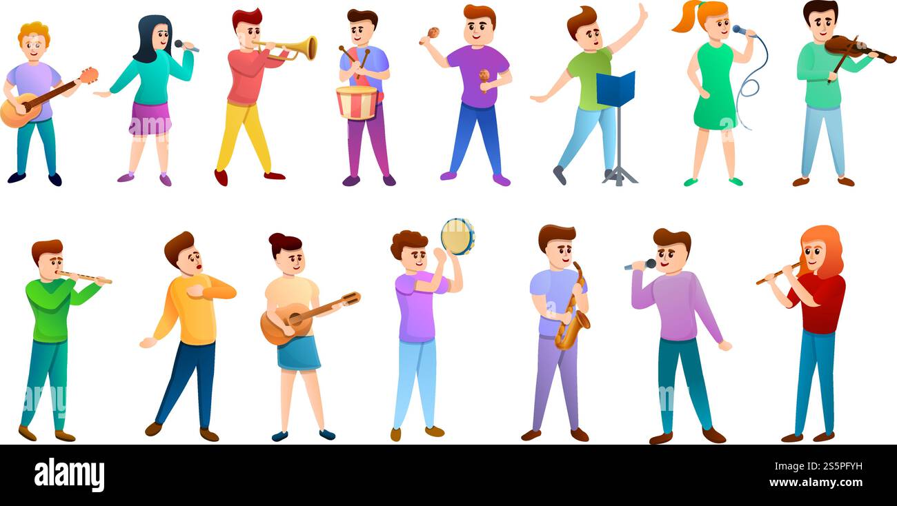 Icônes de personnes de l'école de musique définies. Ensemble de dessins animés d'icônes vectorielles de personnes d'école de musique pour la conception de Web. Icônes de gens d'école de musique définies, style de dessin animé Illustration de Vecteur