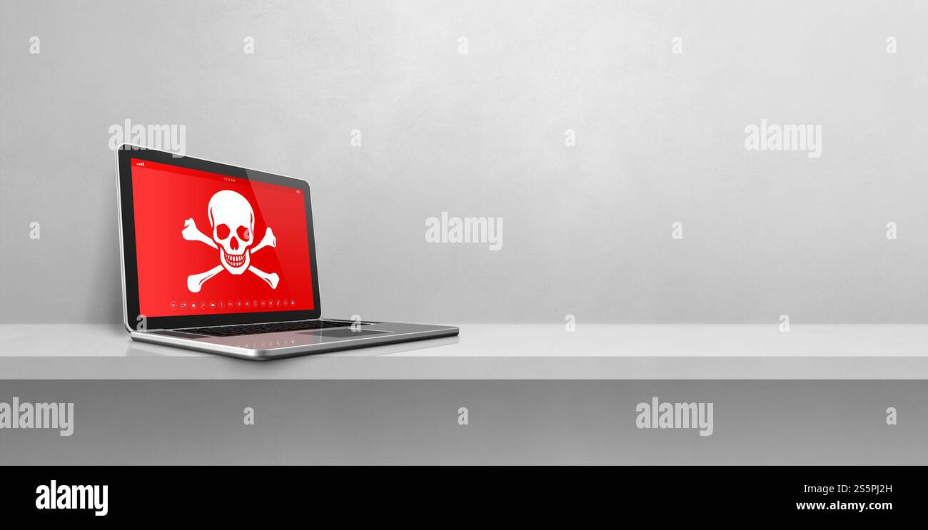 Ordinateur portable sur une étagère avec un symbole pirate à l'écran. Concept de piratage et de virus. Illustration 3D isolée sur fond blanc. Bannière horizontale. Ordinateur portable Banque D'Images