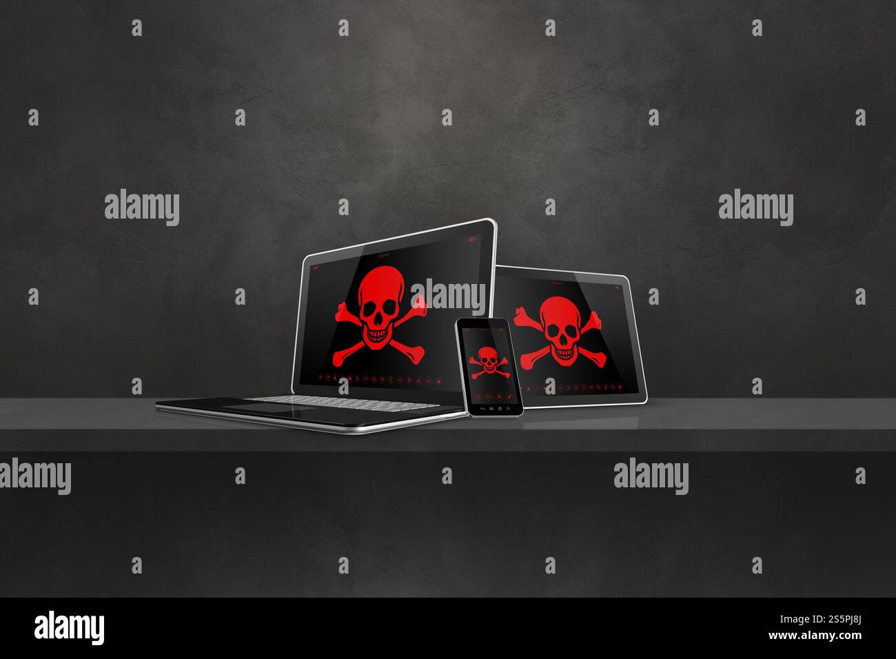 Ordinateur portable tablette pc et smartphone sur une étagère avec des symboles pirate à l'écran. Concept de piratage et de virus. Illustration 3D isolée sur fond noir. Banque D'Images